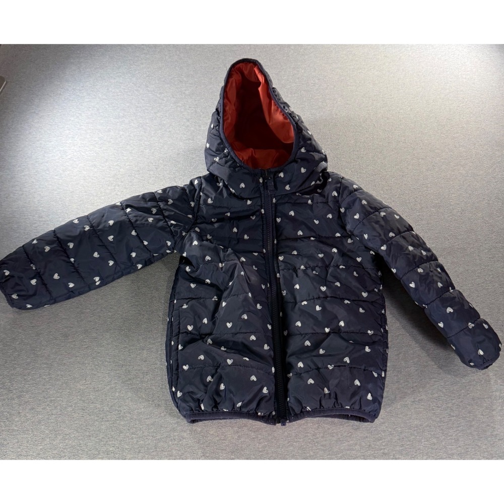 Carters Girls Navy Blue Heart Print Puffer Jacket Hooded Orange Lining 5T